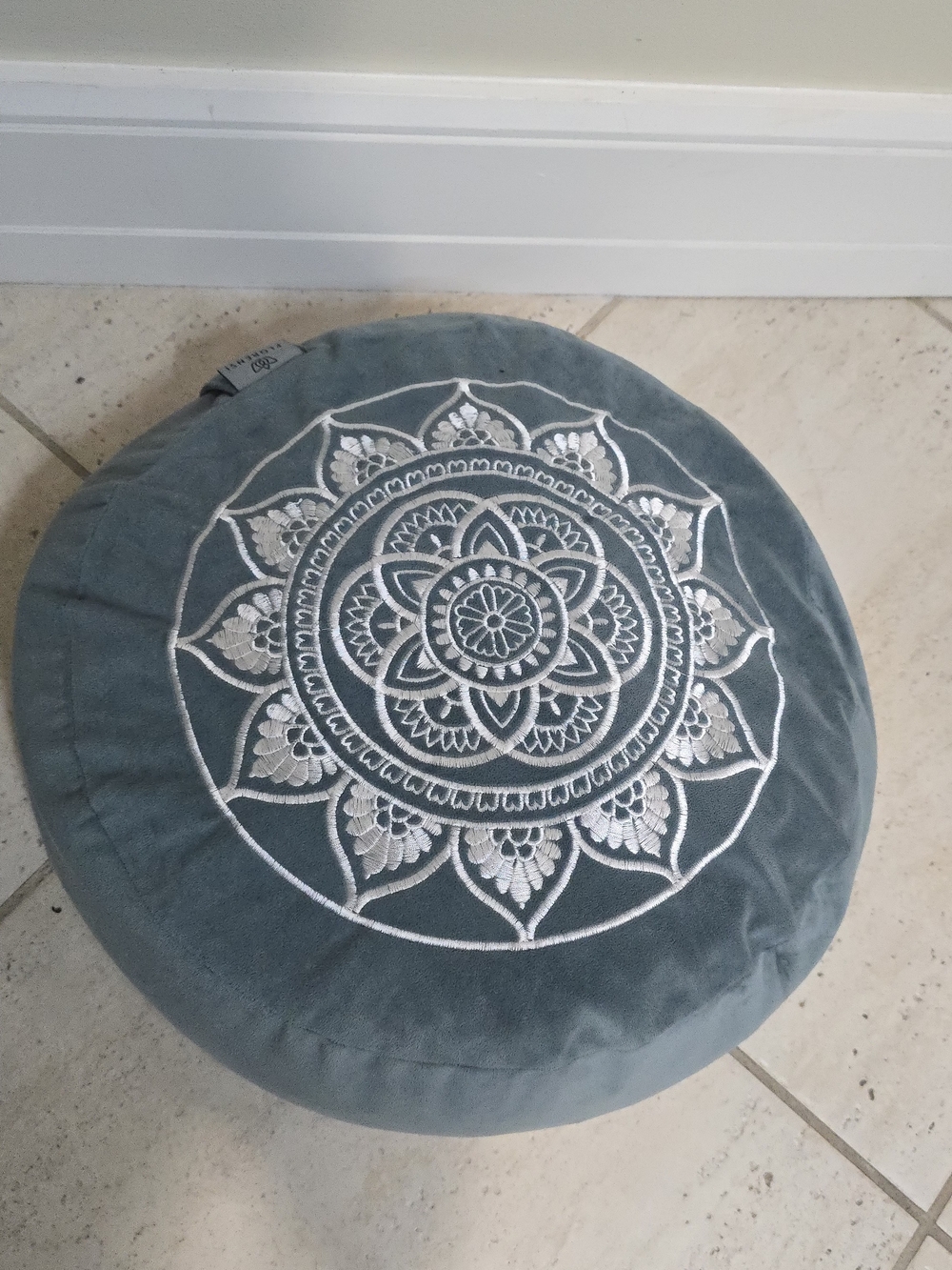 Round Teal Meditation Cushion with White Mandala Embroidery